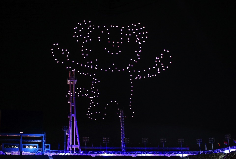 Intel Shooting Star drones form the image of Soohorang, the official Olympic mascot, walking in the sky as part of a Olympic Winter Games PyeongChang 2018 Closing Ceremony rehearsal. Intel is providing drone technology at the Olympic Winter Games, which began Feb. 9, 2018, in South Korea. (Credit: Getty Images)